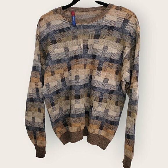 Vtg Jack Leftcourt Mens Sweater Sz XL Pullover Blue Brown Geometrics‎ 80s Preppy - Picture 1 of 13
